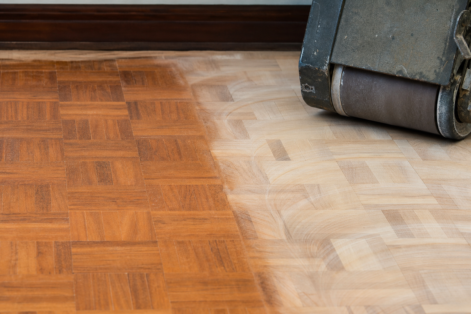 Parquet sanding progression in heritage hallway