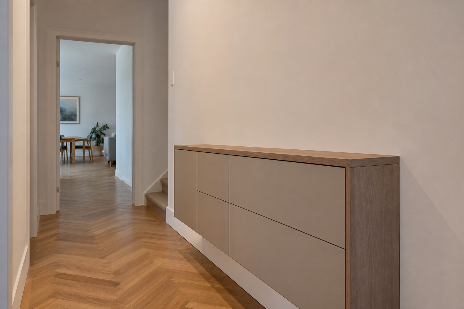 Finished sealed parquet hallway surface