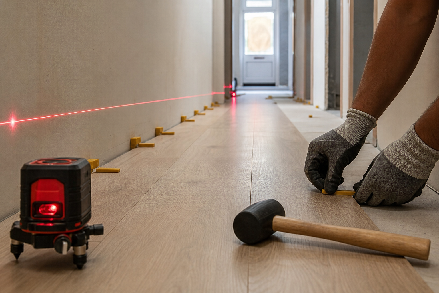 Engineered boards laid with stagger pattern across open plan